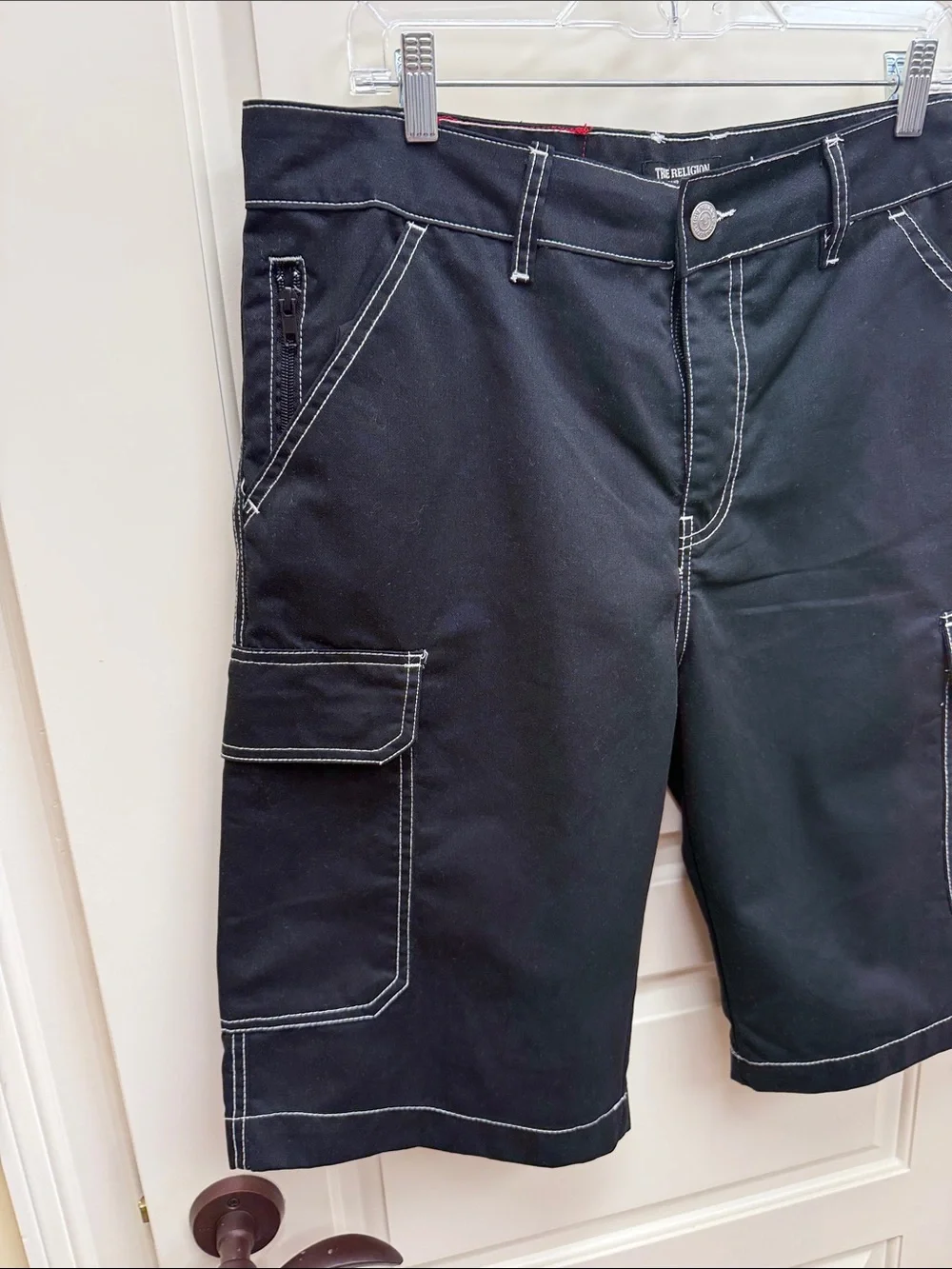 True Religion Black Cargo Shorts with White Contrast Stitching